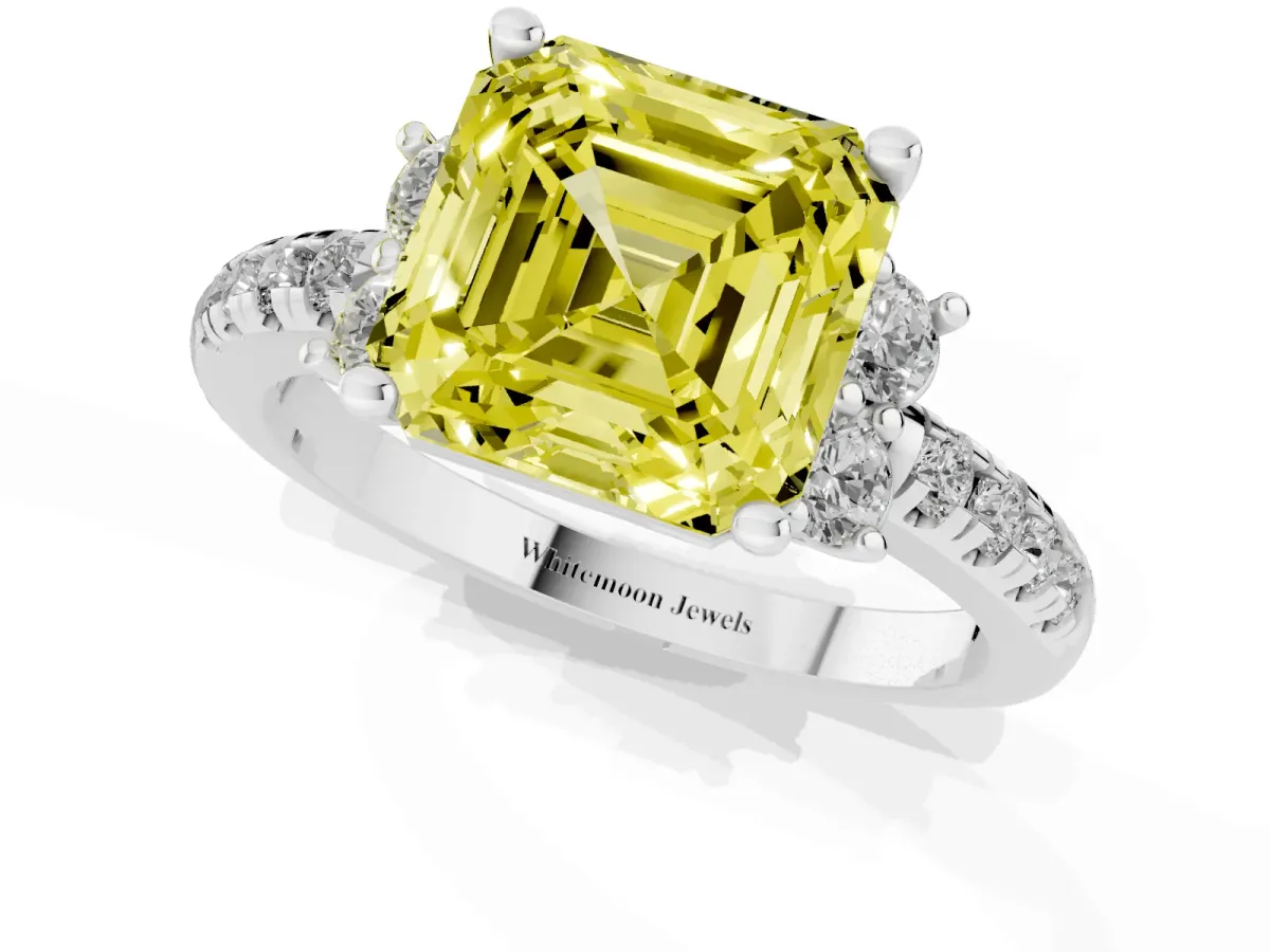 Fancy Yellow Asscher Cut Diamond Three-Stone Pave Band with Four-Prong Setting Silver