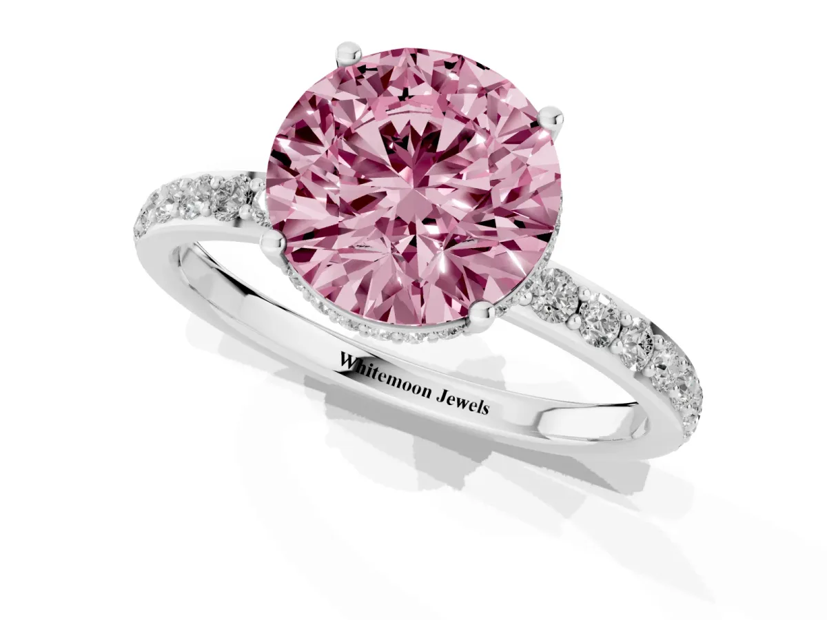 Fancy Pink Round Cut Diamond Solitaire Ring with Pavé Band and Hidden Halo Platinum
