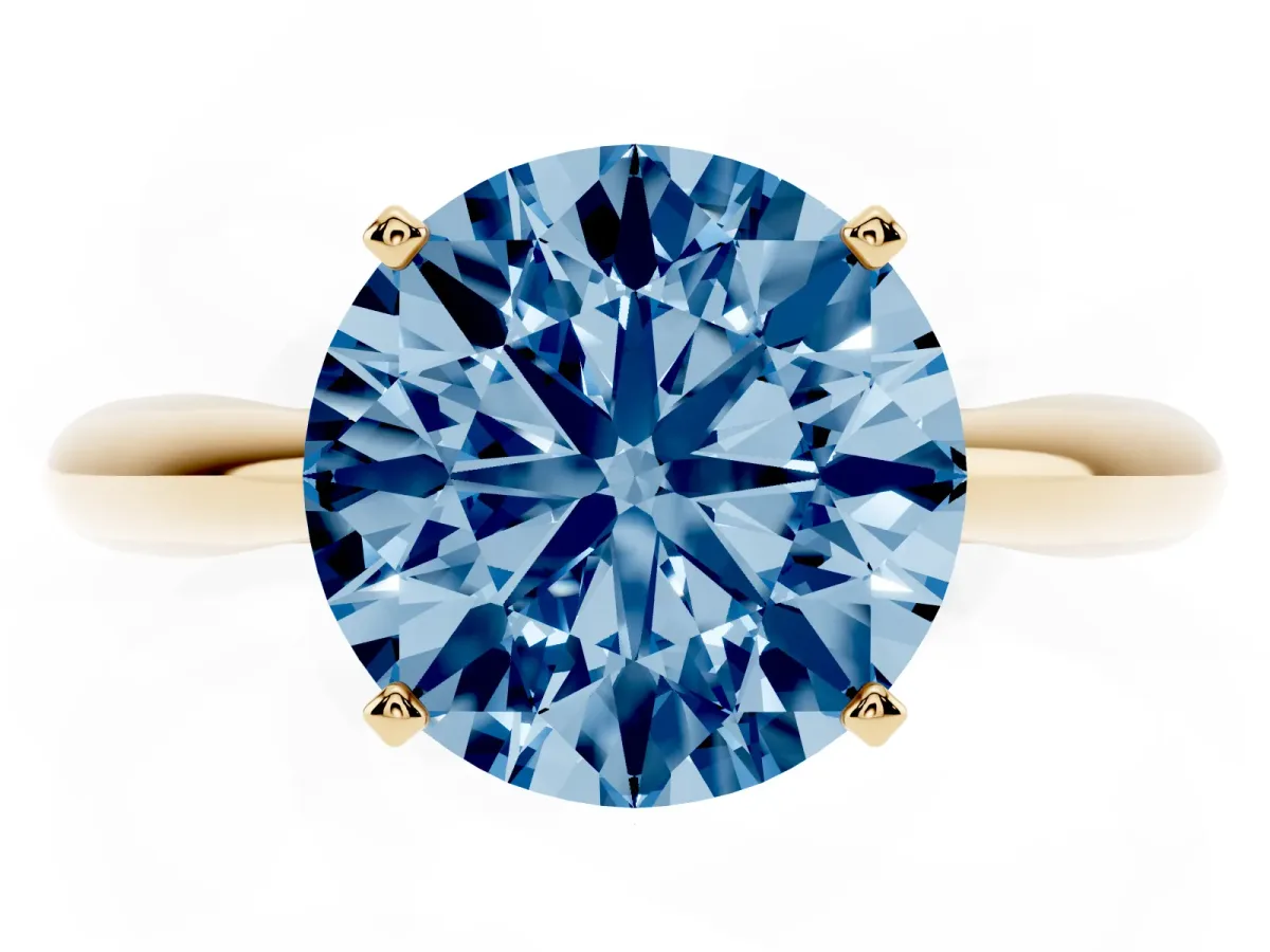 Fancy Blue Round Cut Diamond Solitaire Engagement Ring with Cathedral Setting and Four-Prong Mount Yellow gold