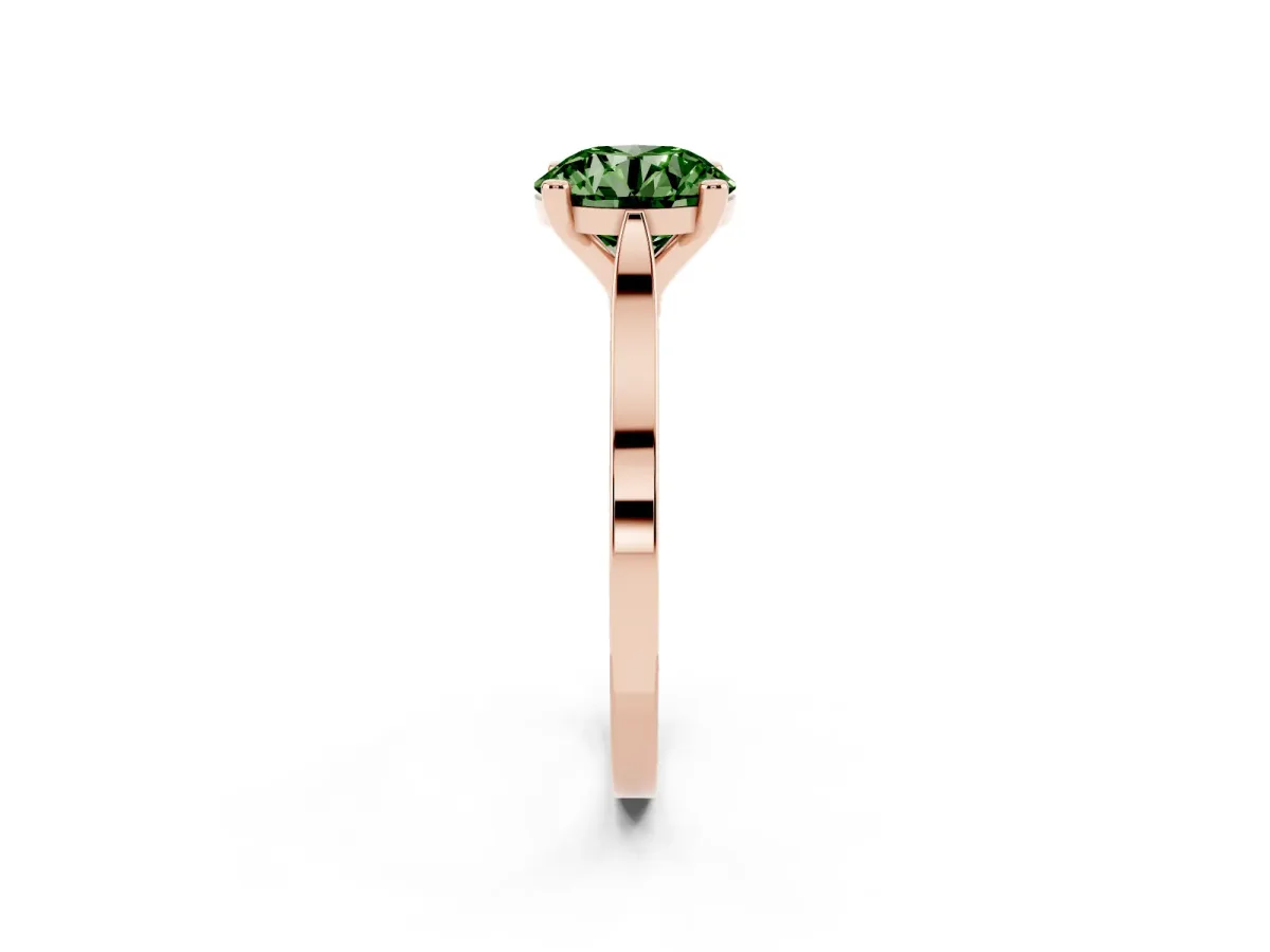 Fancy Green Round Cut Solitaire Diamond Ring with Four-Prong Setting and Tapered Band Rose gold