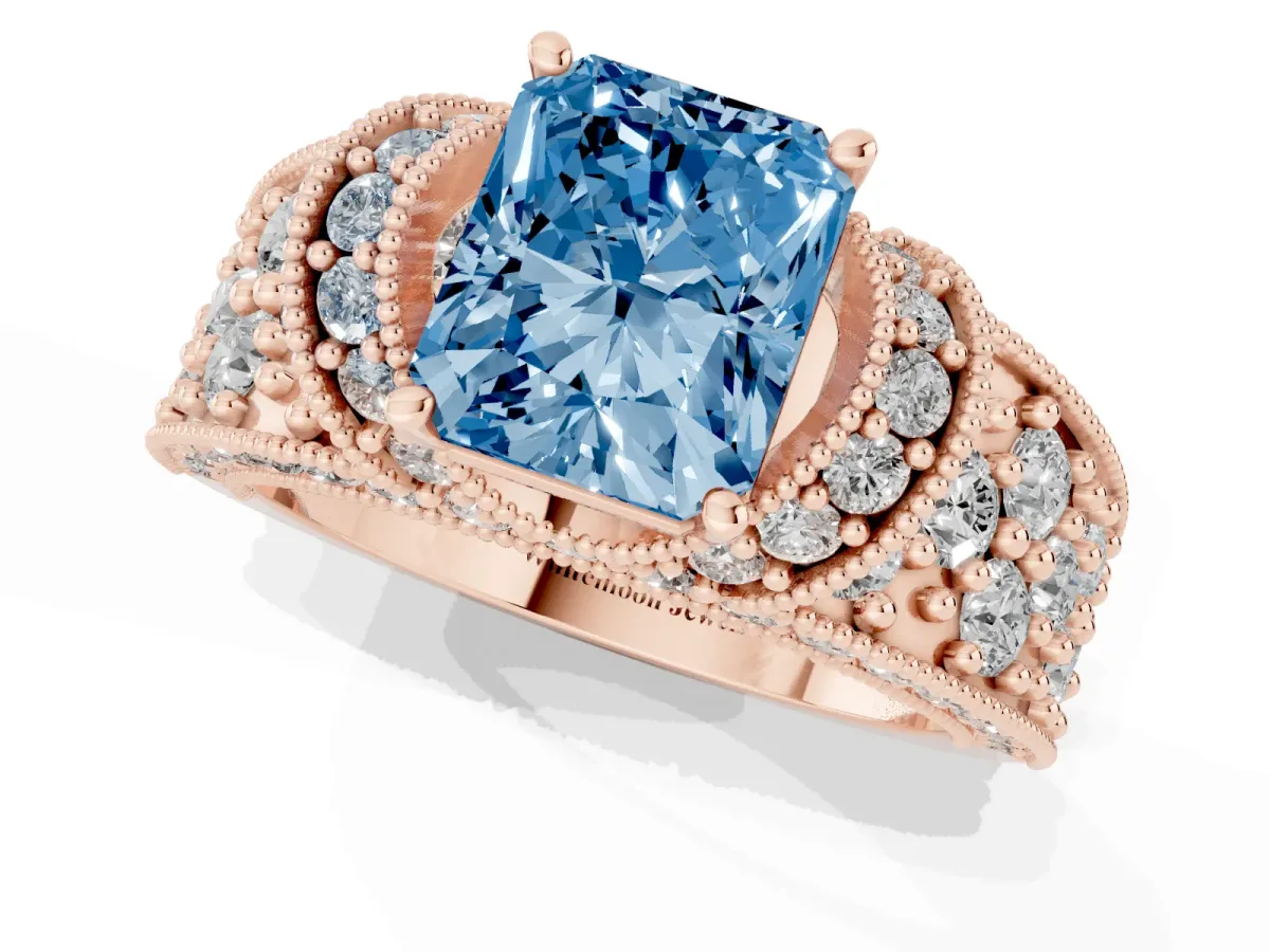 Fancy Blue Radiant Cut Halo Pave Diamond Engagement Ring with Milgrain Detailing Rose gold