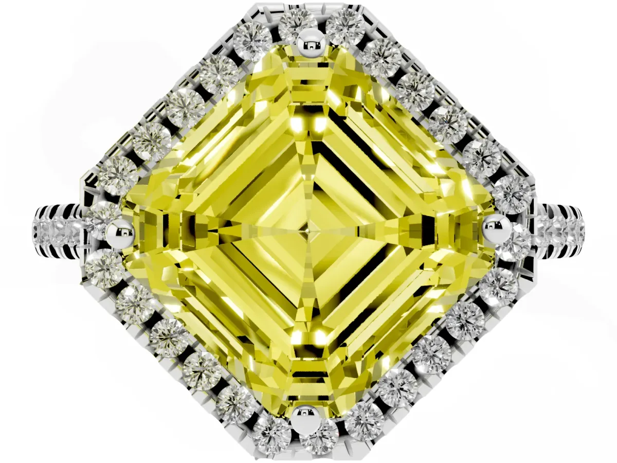 Fancy Yellow Asscher Cut Diamond Cushion Halo Ring with Pavé Band Silver