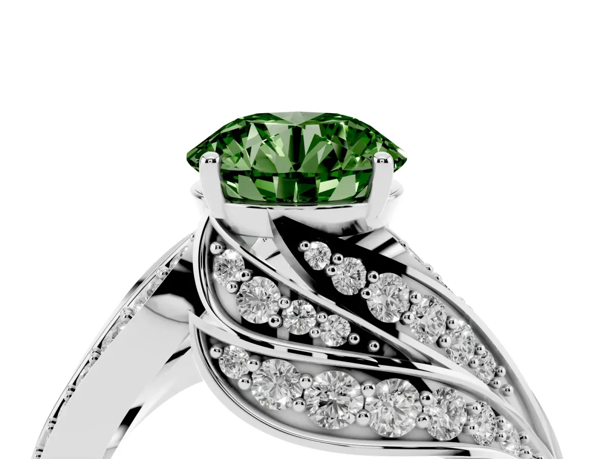 Fancy Green Round Cut Diamond Solitaire Ring with Prong Setting and Twisted Pavé Band Silver