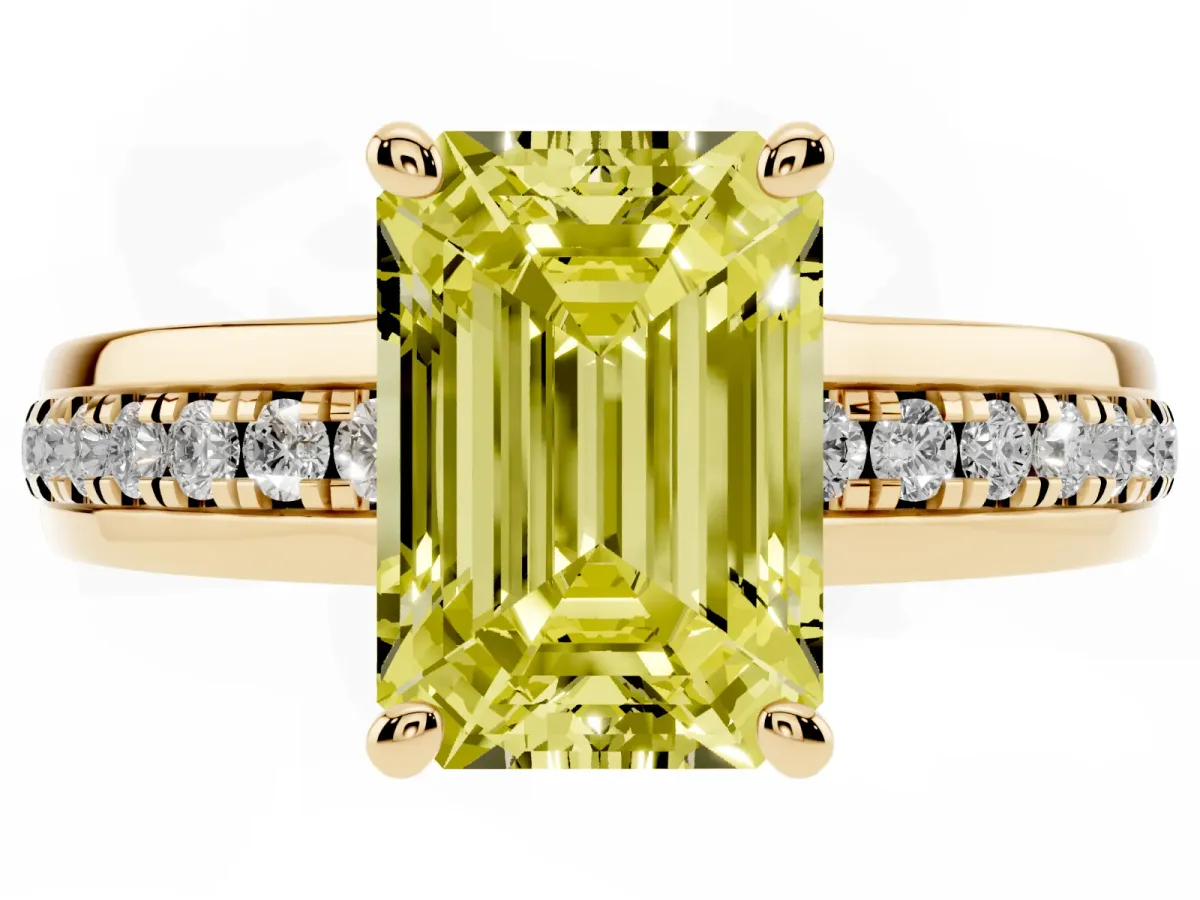 Fancy Yellow Emerald Cut Solitaire Diamond Ring with Channel Set Band and Six-Prong Setting Yellow gold