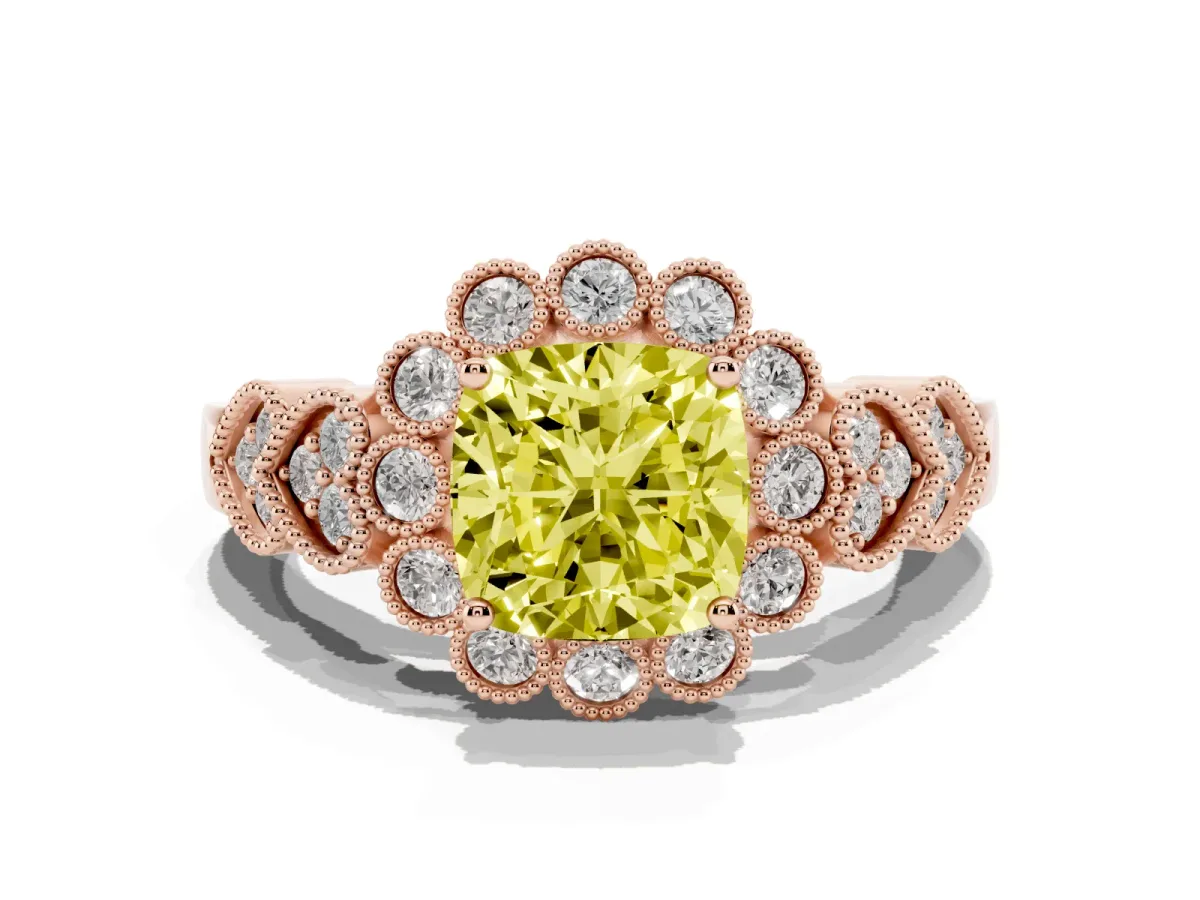 Fancy Yellow Cushion Cut Brilliant Milgrain Pave Heart Band Solitaire Ring Rose gold