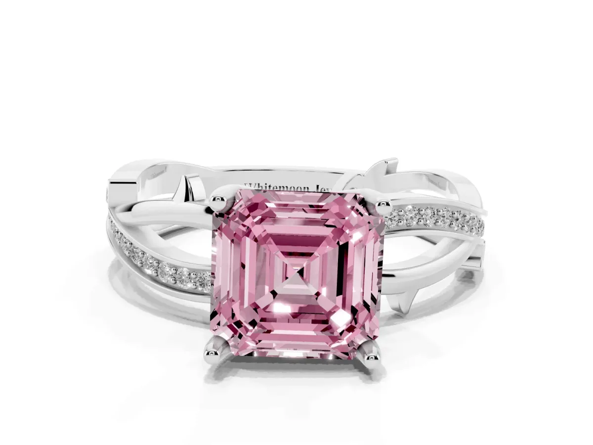 Fancy Pink Asscher Cut Solitaire Twist Band with Pavé Accents and Four-Prong Setting Platinum