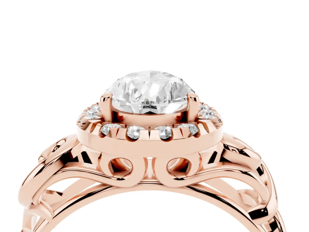 Pear Cut Cut Halo Diamond Ring with Scrollwork Band and Four-Prong Setting Rose gold
