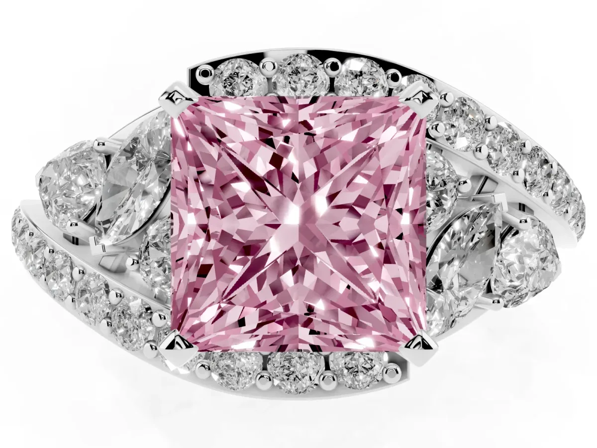 Fancy Pink Princess Cut Diamond Halo Ring with Marquise and Pavé Band in Prong Setting White gold