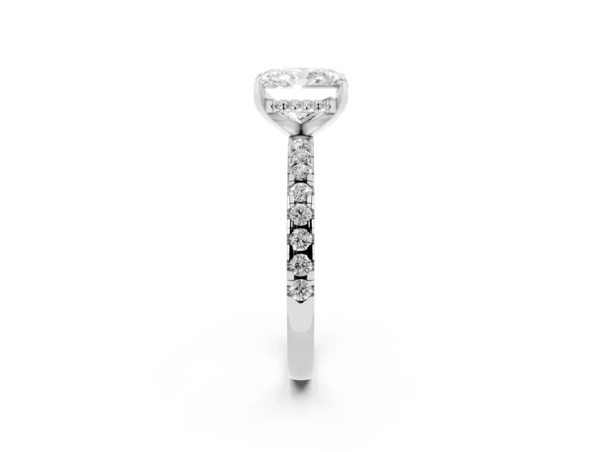 Radiant Cut Diamond Solitaire Ring with Round Pavé Band and Four-Prong Setting Silver