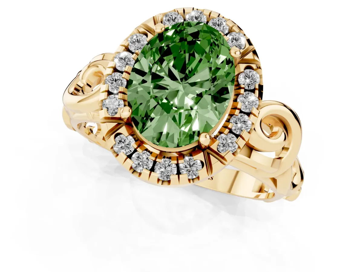 Fancy Green Oval Cut Cut Halo Diamond Ring with Scrollwork Band and Four-Prong Setting Yellow gold