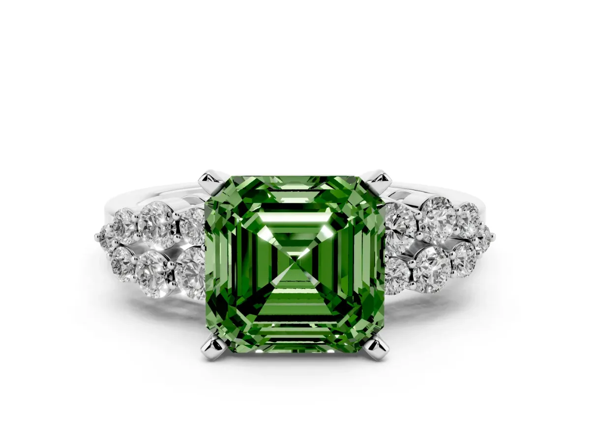Fancy Green Asscher Cut Cluster Diamond Engagement Ring with Pavé Band and Four-Prong Setting Platinum