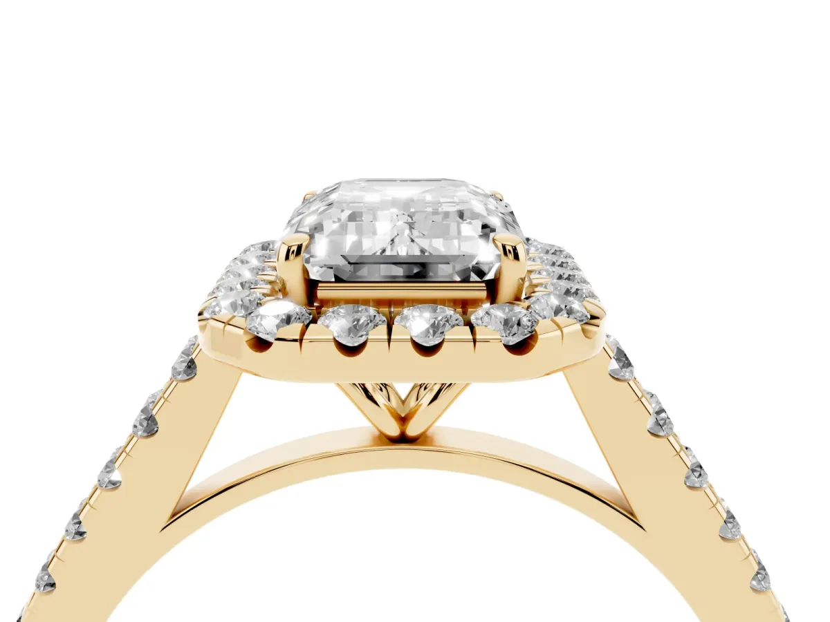 Emerald Cut Halo Pave Diamond Engagement Ring with Four-Prong Setting Yellow gold