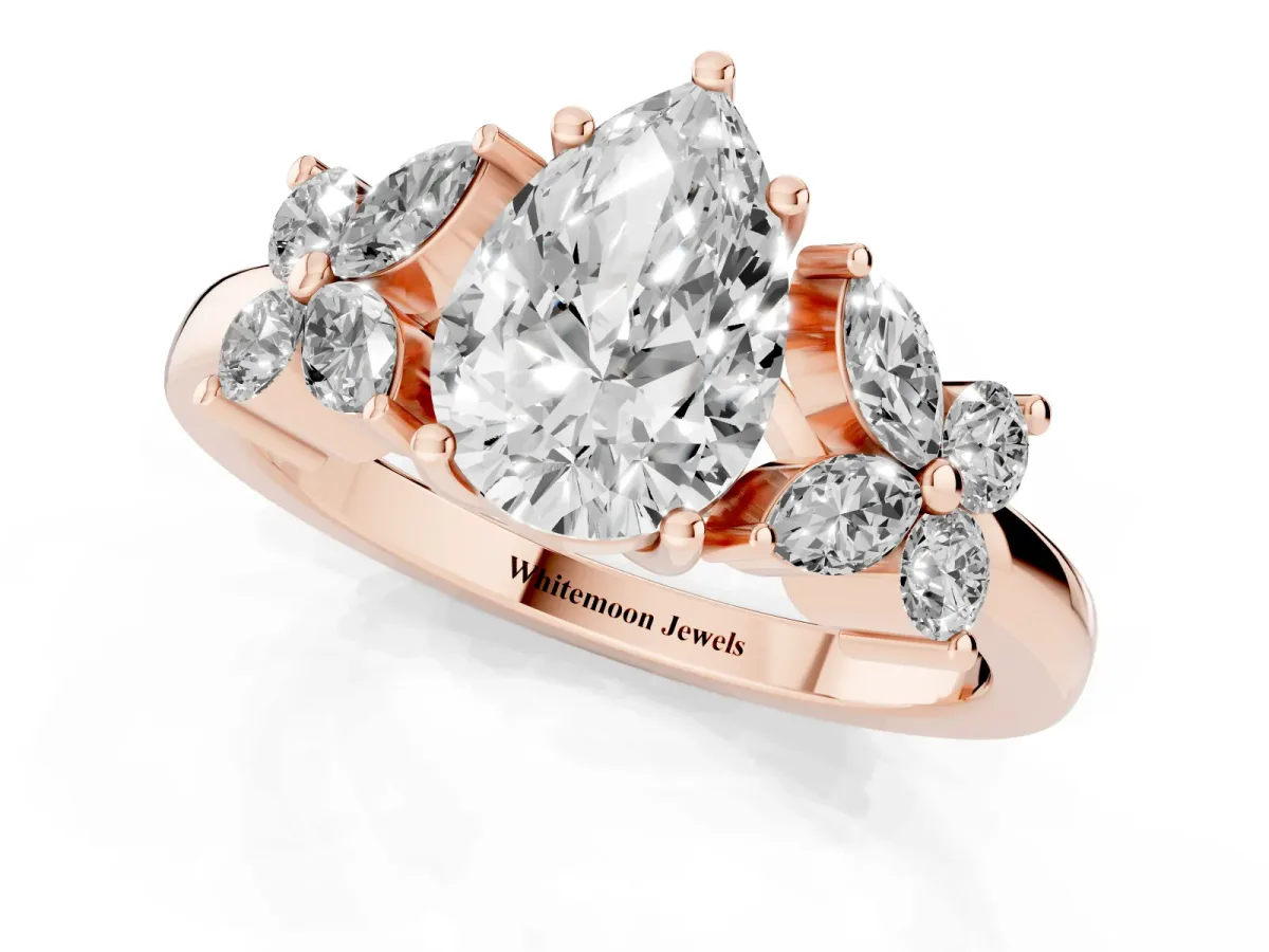 Pear Cut Diamond Floral Cluster Ring with Solitaire Band and Prong Setting Rose gold