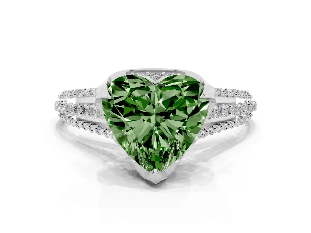 Fancy Green Heart Cut Solitaire Pave Split Shank Ring with Four-Prong Setting Silver