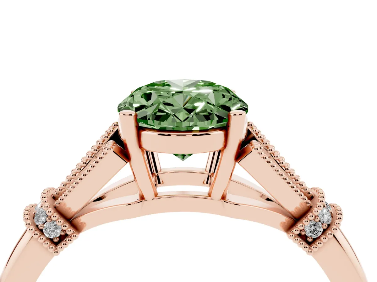 Fancy Green Oval Cut Diamond Solitaire Ring with Floral Filigree and Pave Accents Rose gold