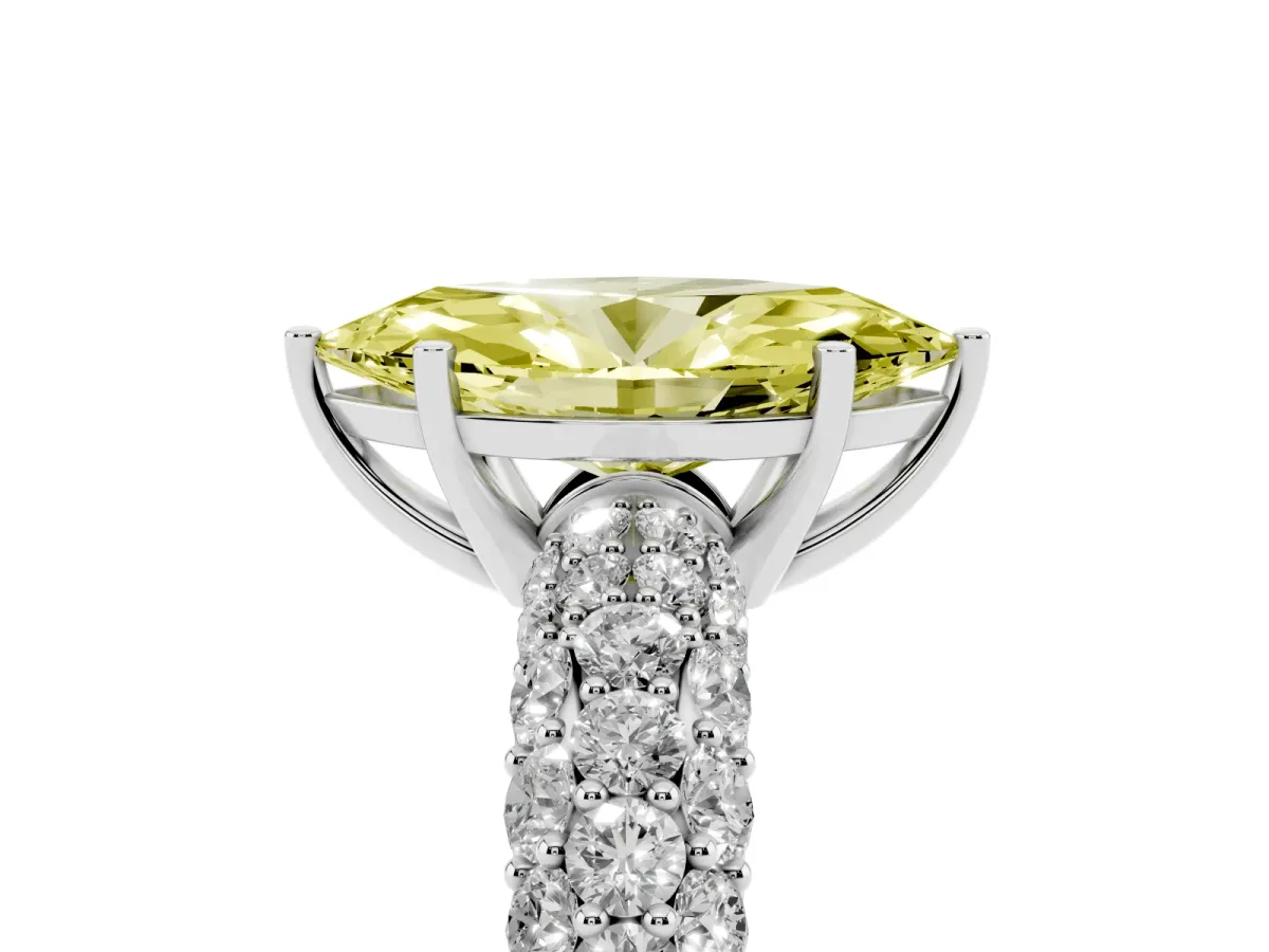 Fancy Yellow Marquise Cut Diamond Pavé Band Solitaire Ring with Four-Prong Setting Silver