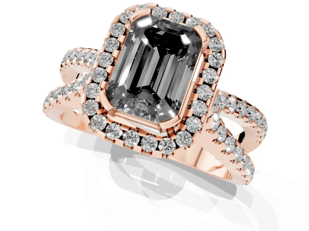 Fancy Black Emerald Cut Diamond Halo Ring with Split Shank Pavé Band and Prong Setting Rose gold