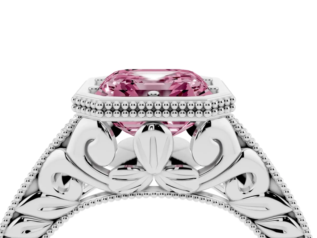 Fancy Pink Bezel Set Asscher Cut Diamond Milgrain Pave Engagement Ring Platinum