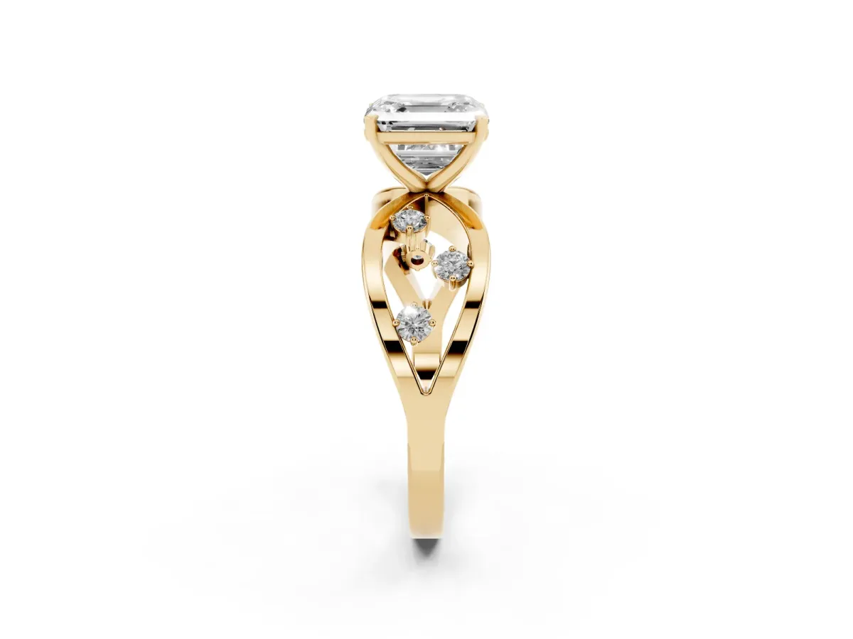 Asscher Cut Cut Solitaire Diamond with Side Stones on Criss-Cross Band and Four-Prong Setting Yellow gold