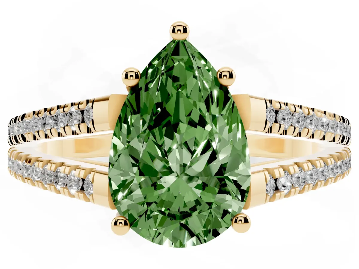 Fancy Green Pear Cut Diamond Solitaire Engagement Ring with Split Shank Pavé Band Yellow gold