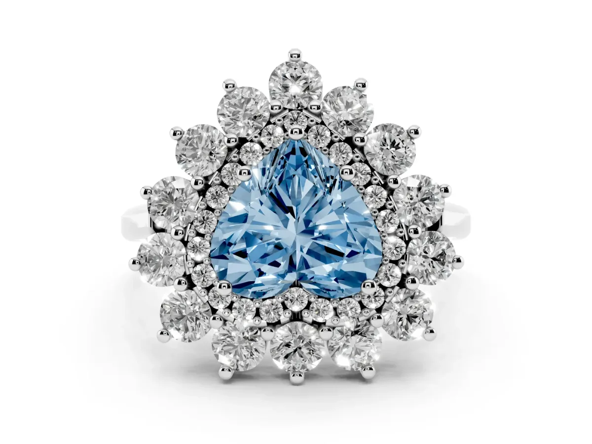 Fancy Blue Heart Cut Diamond Floral Double Halo Engagement Ring with Prong Setting Platinum