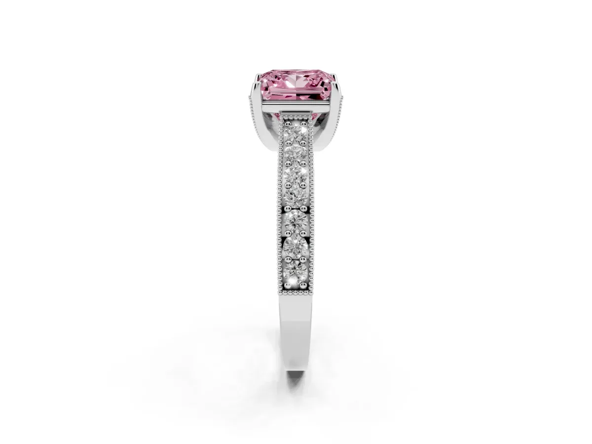 Fancy Pink Princess Cut Cut Diamond Solitaire Ring with Milgrain Pave Band and Four Prong Setting Silver