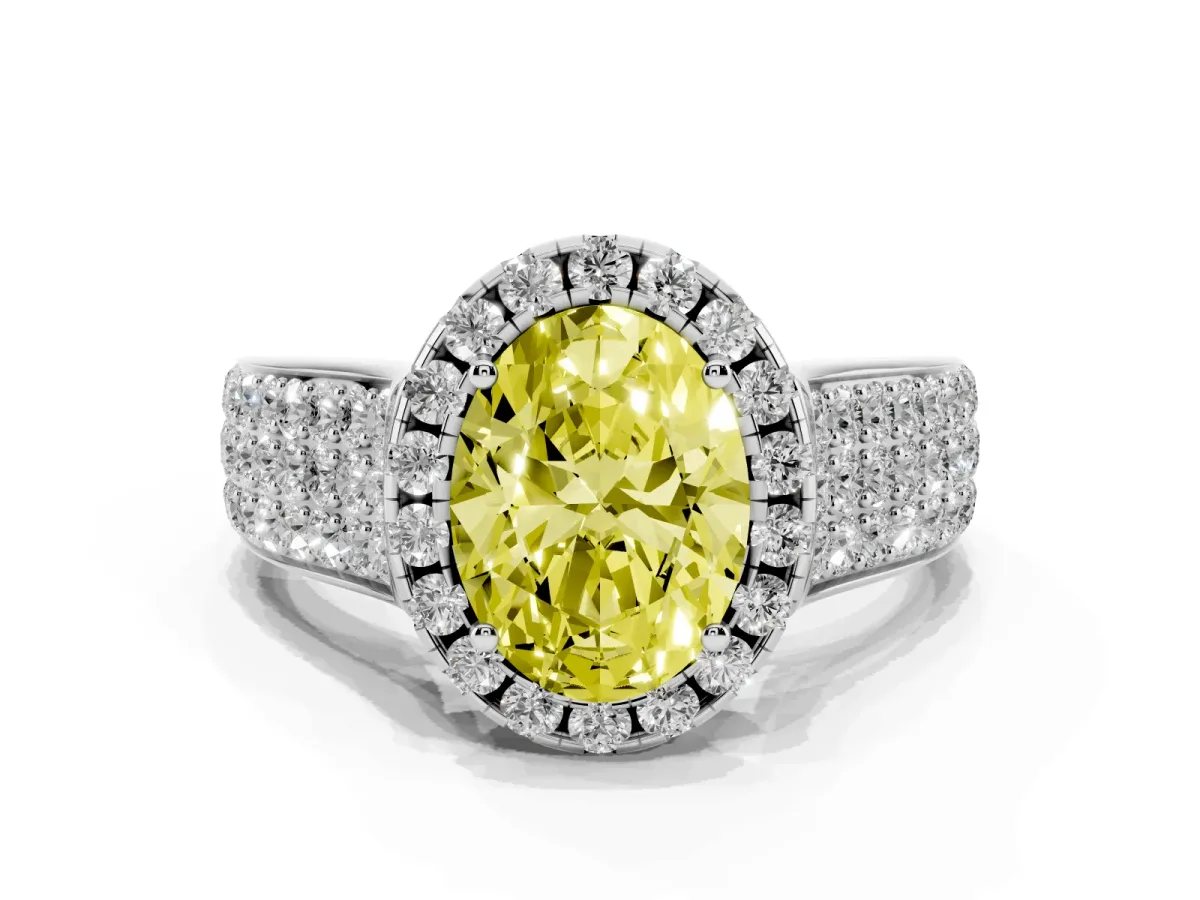 Fancy Yellow Oval Cut Halo Round Diamond Pave Band with Prong Setting Silver