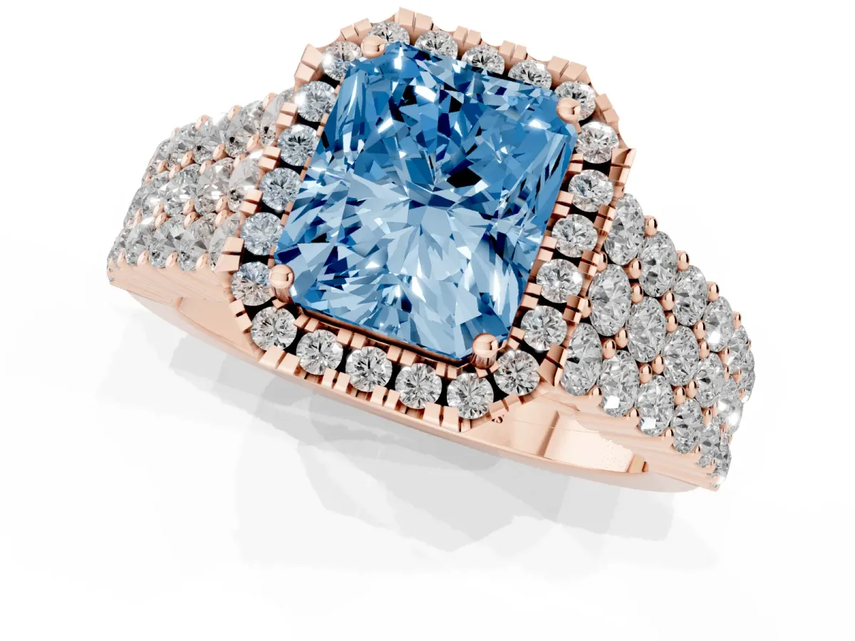 Fancy Blue Radiant Cut Diamond Halo Engagement Ring with Triple Row Round Pavé Band and Prong Setting Rose gold