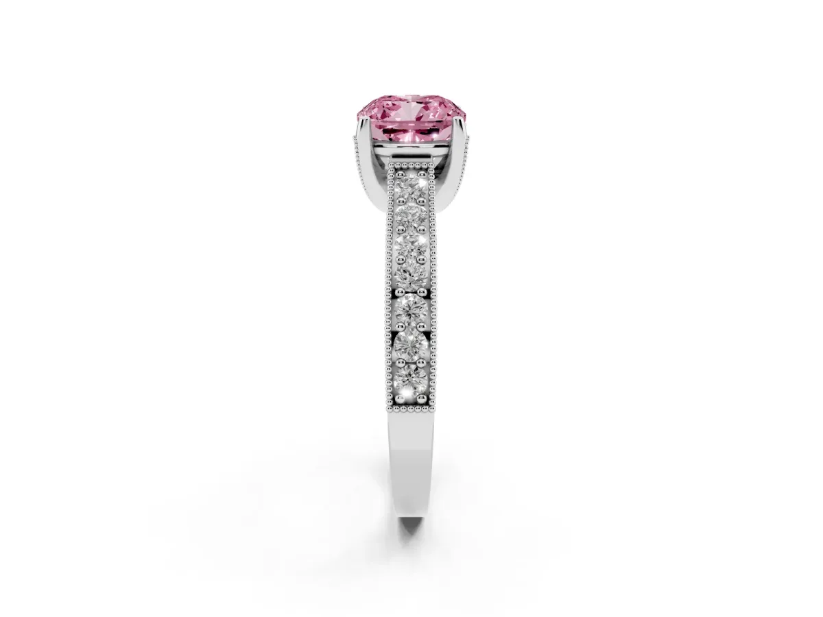 Fancy Pink Cushion Cut Cut Diamond Solitaire Ring with Milgrain Pave Band and Four Prong Setting Platinum