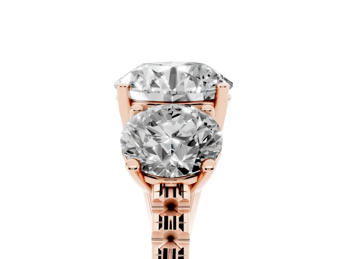 Three-Stone Round Cut Diamond Ring with Round Pavé Band and Prong Setting Rose gold