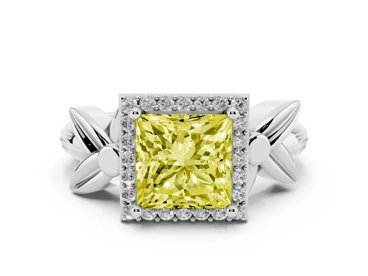 Fancy Yellow Princess Cut Halo Diamond Floral Band with Four-Prong Setting White gold