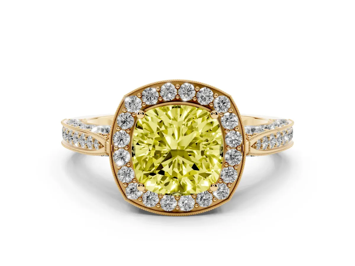 Fancy Yellow Cushion Cut Halo Diamond Engagement Ring with Split Shank Band and Four-Prong Setting Yellow gold
