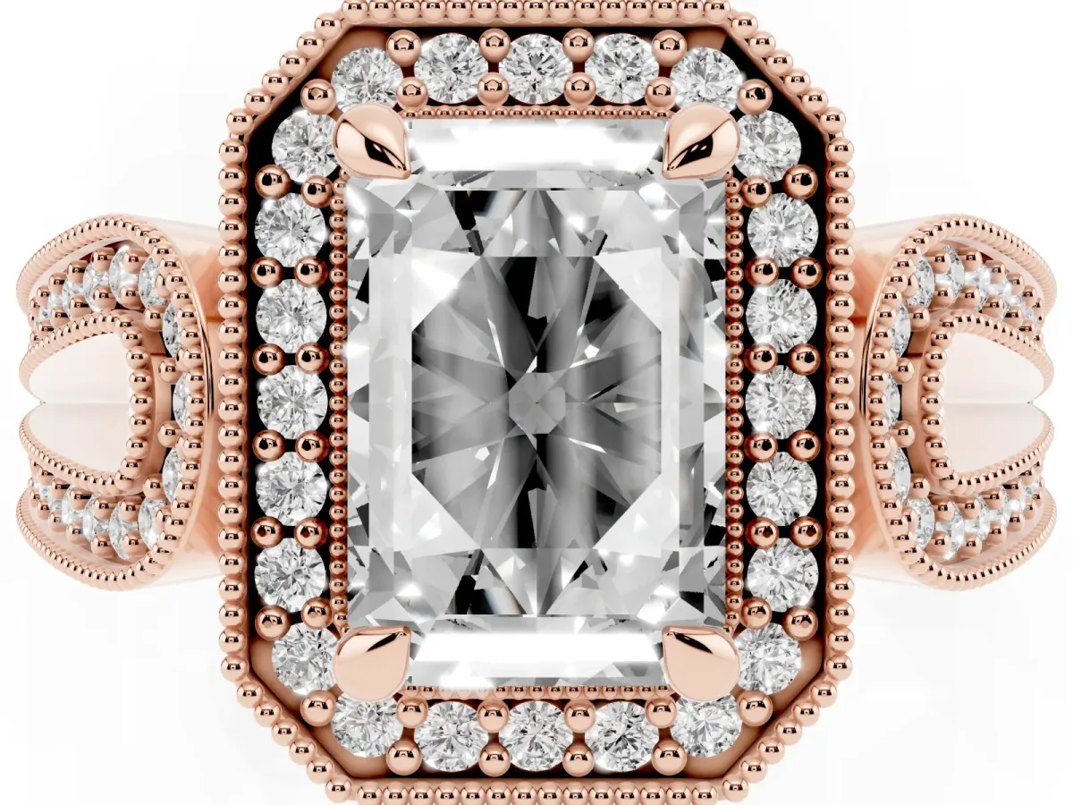 Emerald Cut Halo Split Shank Milgrain Diamond Ring Rose gold
