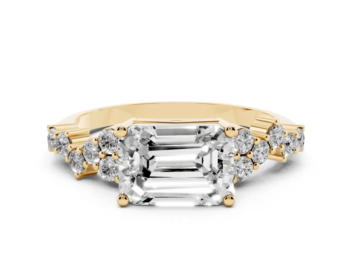 Emerald Cut Diamond Scattered Round Accent Ring with Prong Setting Yellow gold