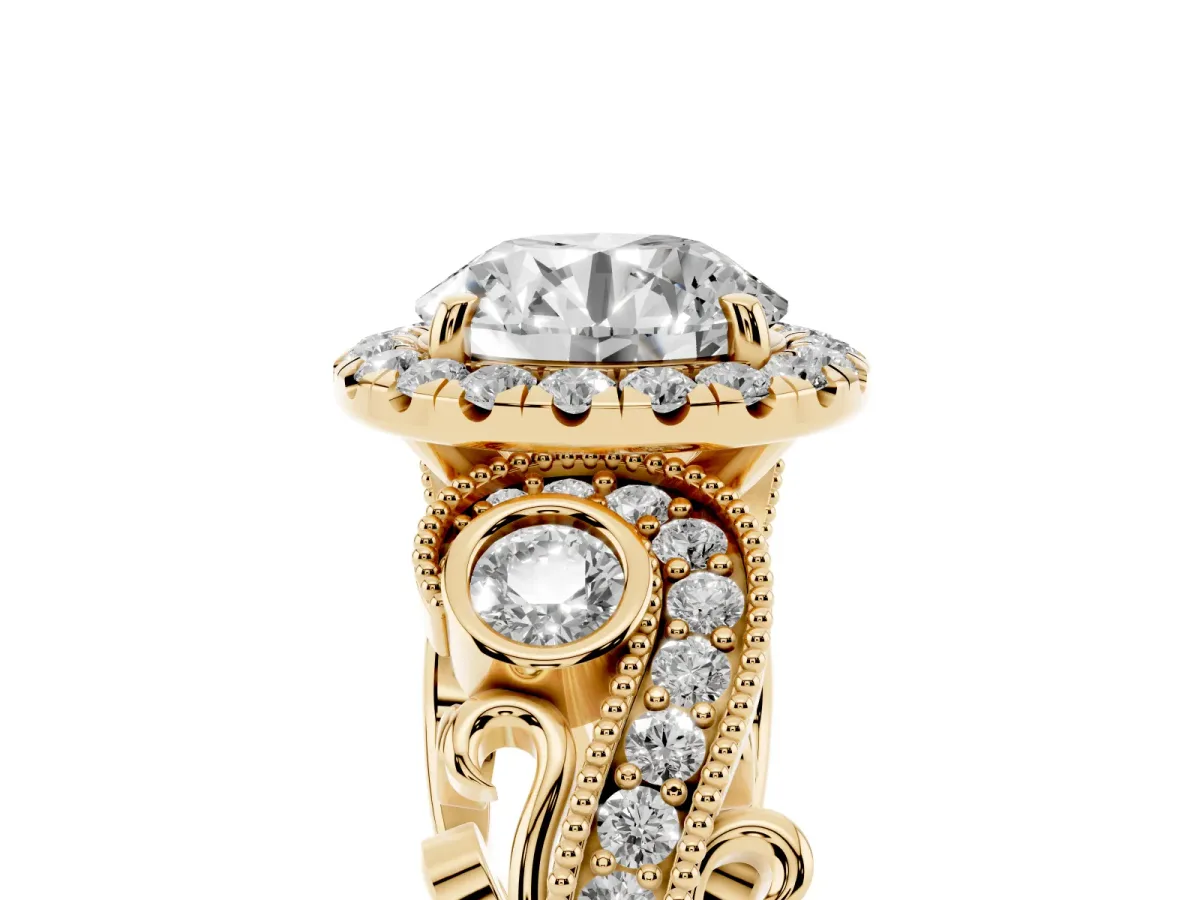 Round Cut Diamond Halo Ring with Milgrain Pavé Band and Four-Prong Setting Yellow gold