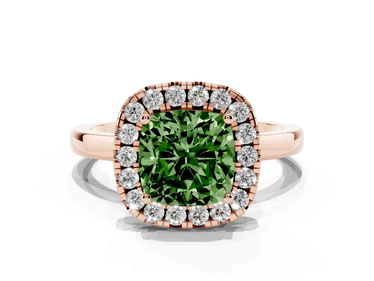 Fancy Green Cushion Cut Halo Diamond Solitaire with Pavé Band and Four-Prong Setting Rose gold