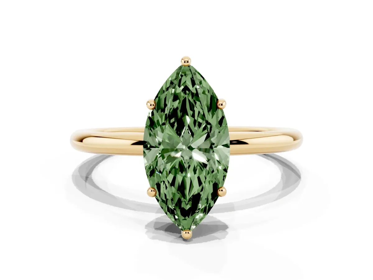 Fancy Green Marquise Cut Solitaire Diamond Ring with a Classic Band and Four-Prong Setting Yellow gold