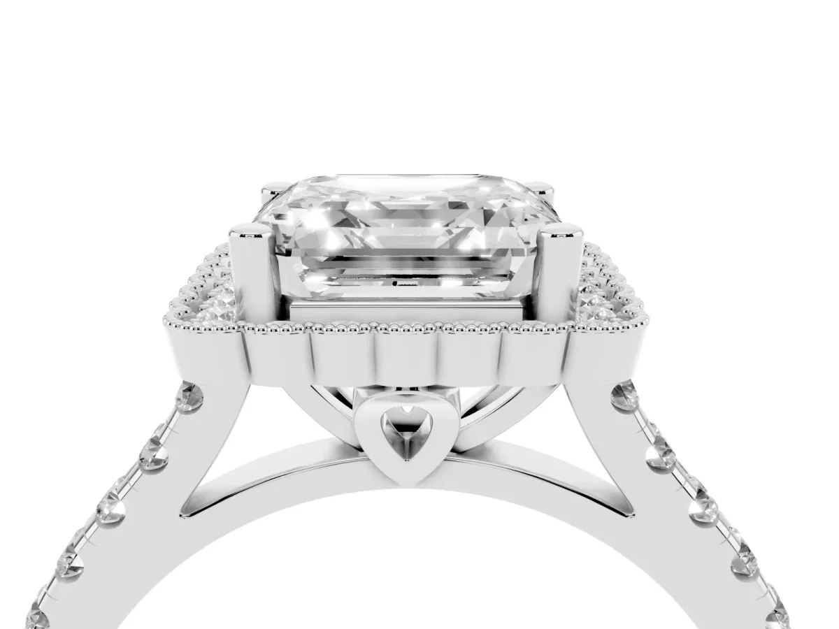 Asscher Cut Cut Diamond Milgrain Floral Halo Engagement Ring with Pavé Band Silver