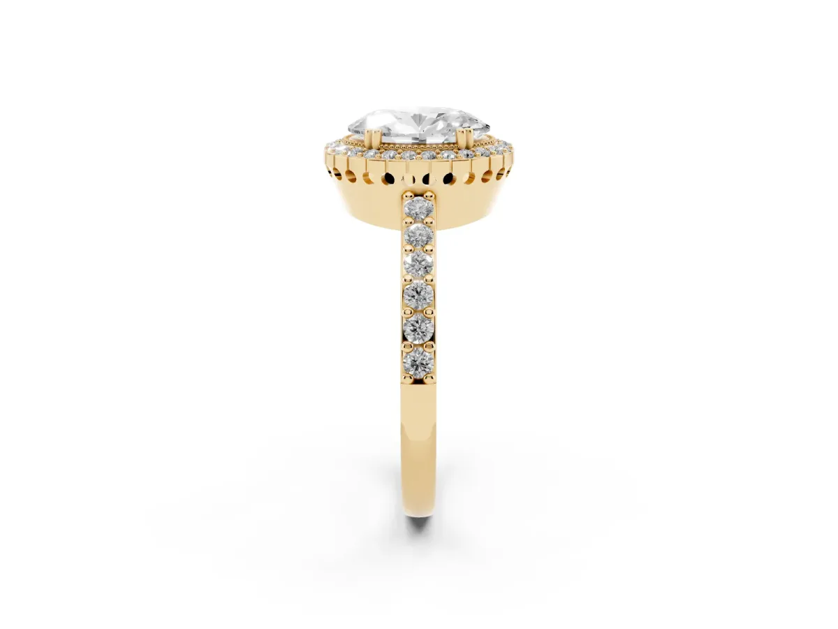 Oval Cut Cut Diamond Halo Engagement Ring with Milgrain Detail and Pavé Band Yellow gold