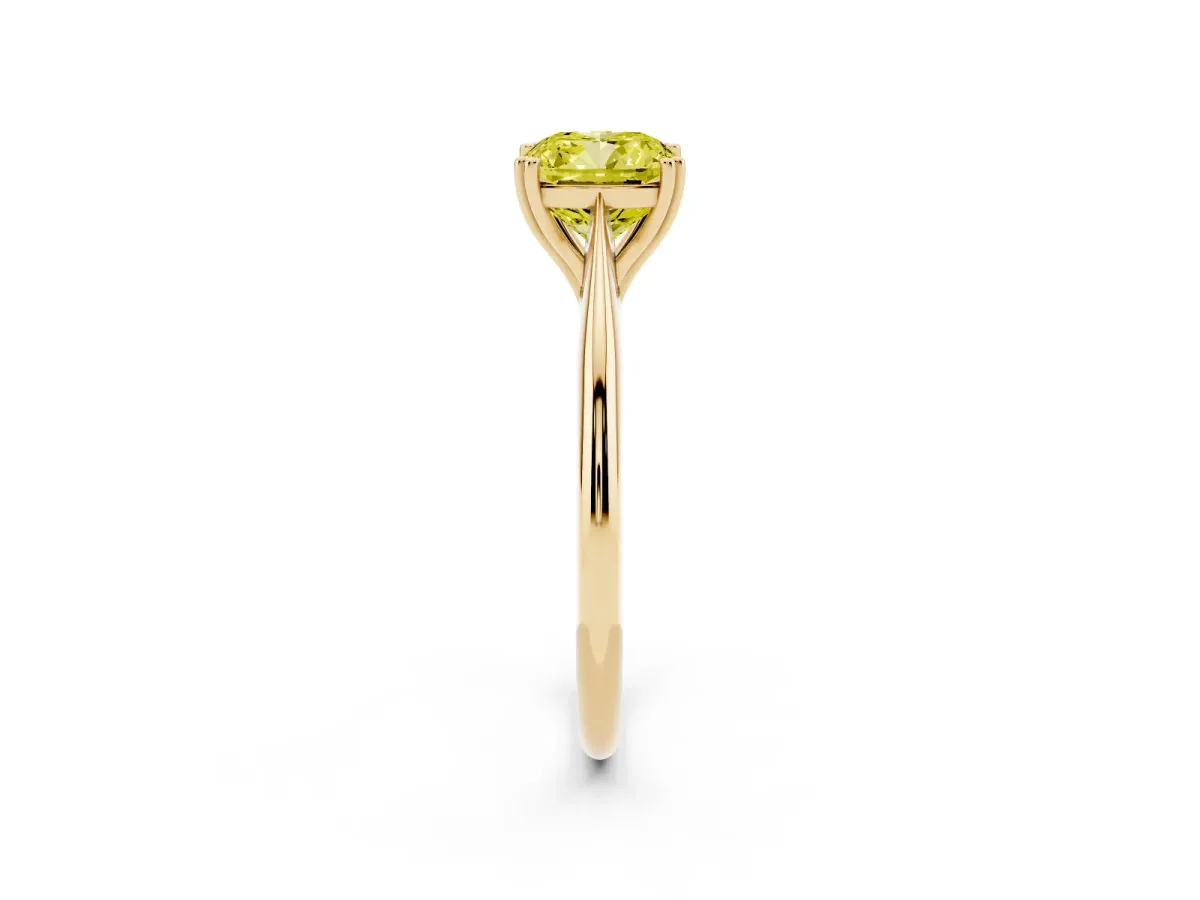 Fancy Yellow Cushion Cut Solitaire Diamond Ring with Six-Prong Setting and Classic Band Yellow gold