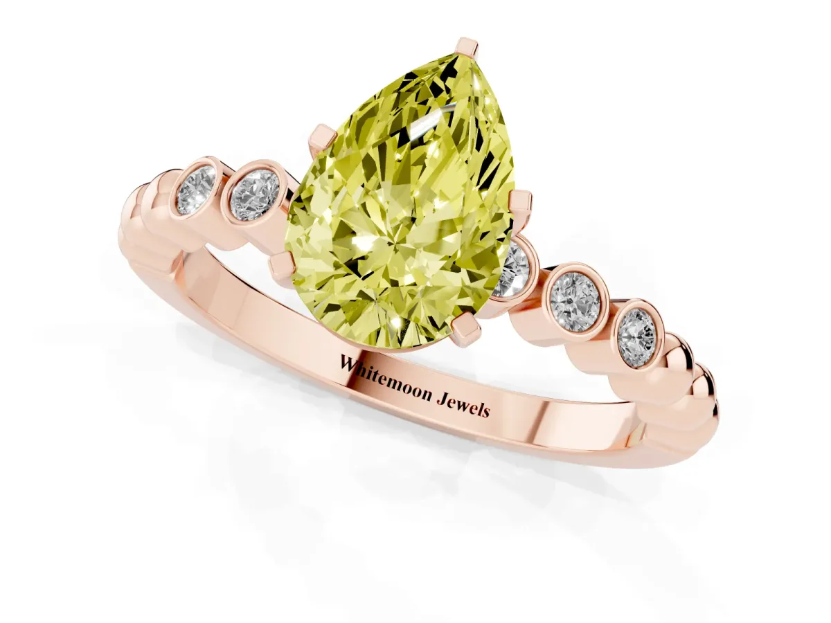 Fancy Yellow Pear Cut Solitaire Bezel Accent Diamond Engagement Ring with Beaded Band and Four-Prong Setting Rose gold