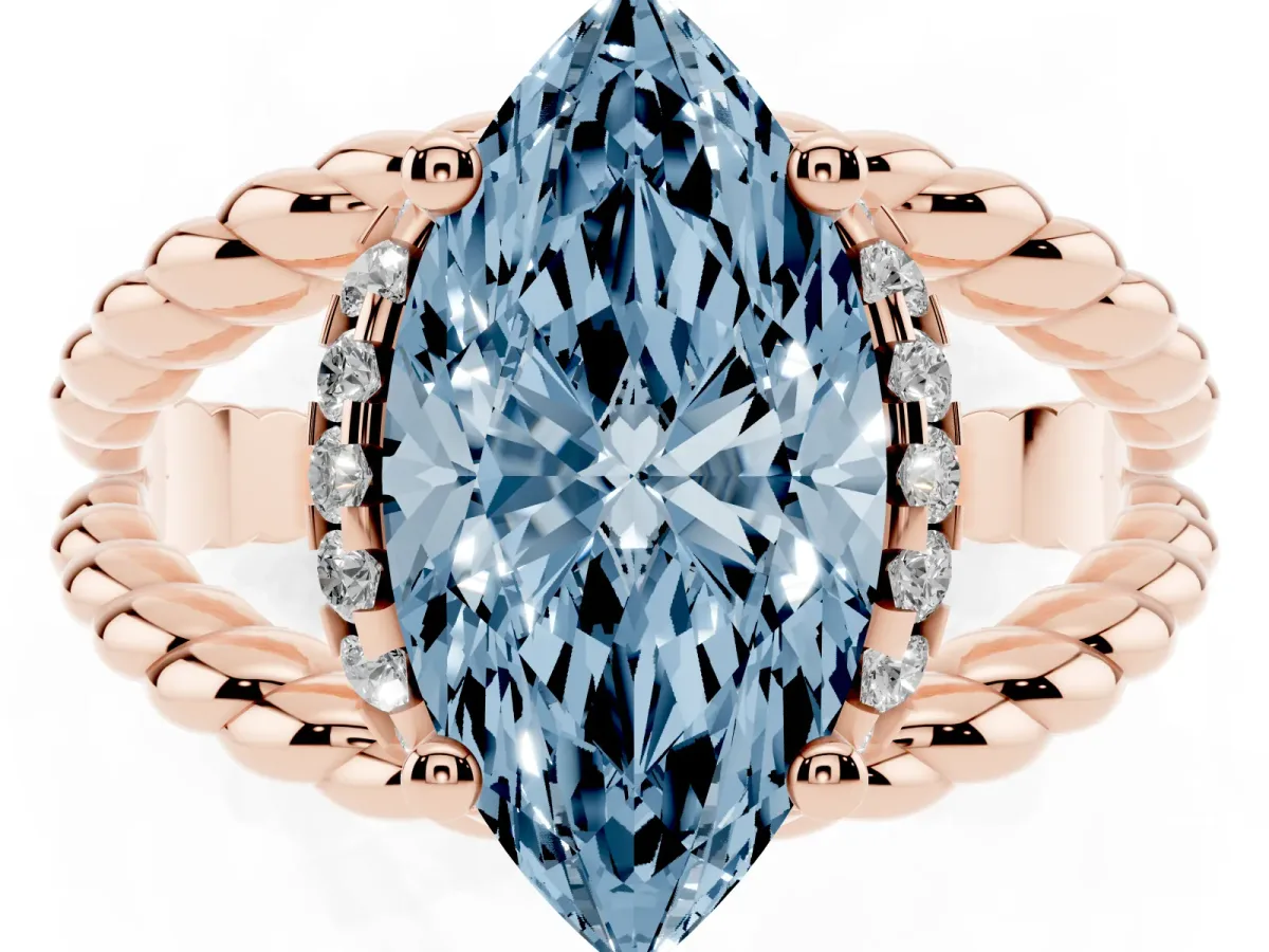 Fancy Blue Marquise Cut Halo Twisted Band Four-Prong Ring Rose gold