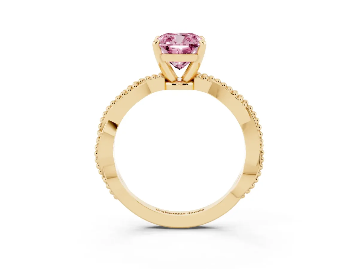 Fancy Pink Cushion Cut Solitaire Twisted Band with Bead Prong Setting Yellow gold