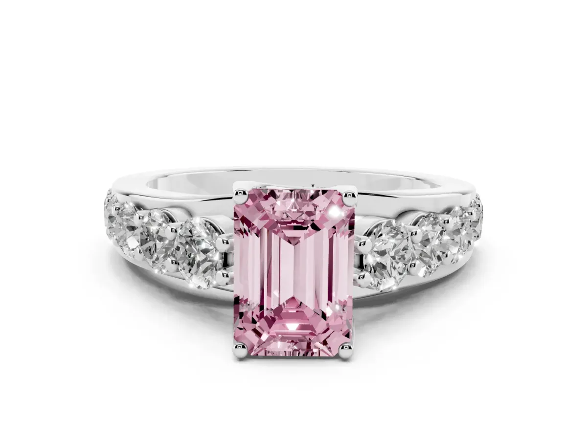 Fancy Pink Emerald Cut Diamond Engagement Ring with Pavé Band and Four-Prong Setting Silver