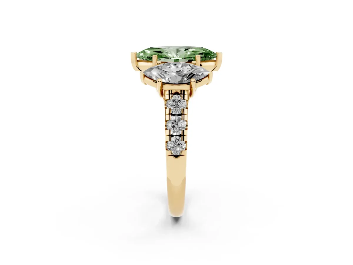 Fancy Green Three-Stone Marquise Cut Diamond Pavé Band with Prong Setting Yellow gold