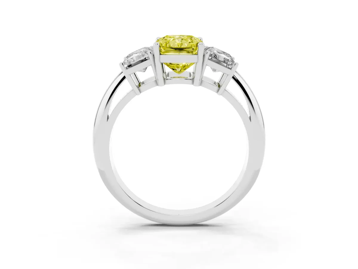 Fancy Yellow Three-Stone Radiant Cut Cut Diamond Engagement Ring with Prong Setting on a White Gold Band White gold
