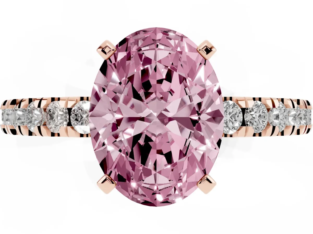 Fancy Pink Oval Cut Solitaire Diamond with Pavé Band and Four-Prong Setting Rose gold