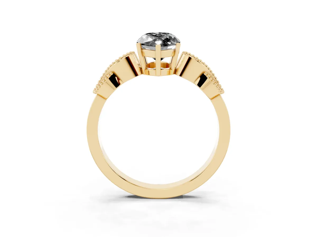 Fancy Black Marquise Cut Solitaire Milgrain Leaf Band with Prong Setting Yellow gold