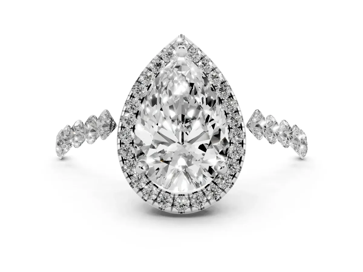 Pear Cut Halo Pavé Diamond Engagement Ring with Four-Prong Setting Silver
