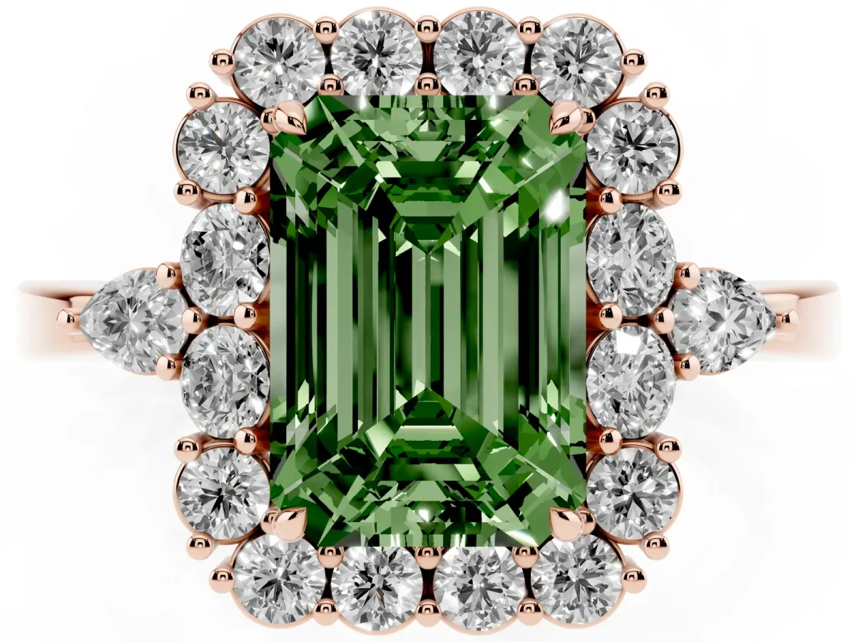 Fancy Green Emerald Cut Diamond Halo Ring with Pear Side Stones and Prong Setting Rose gold